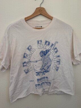 Arbor white cotton t-shirt with blue graphic of a person with a guitar and the